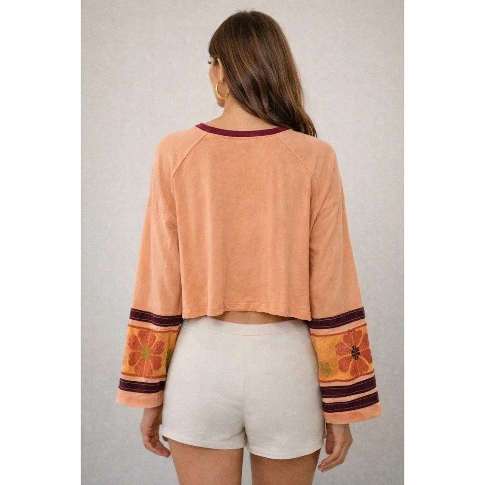 Free People All In‎ Cuff Peach Long Sleeve Cropped Top Size Small